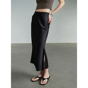 NWT Commense Flowy Black Satin Side Slit Midi Skirt M